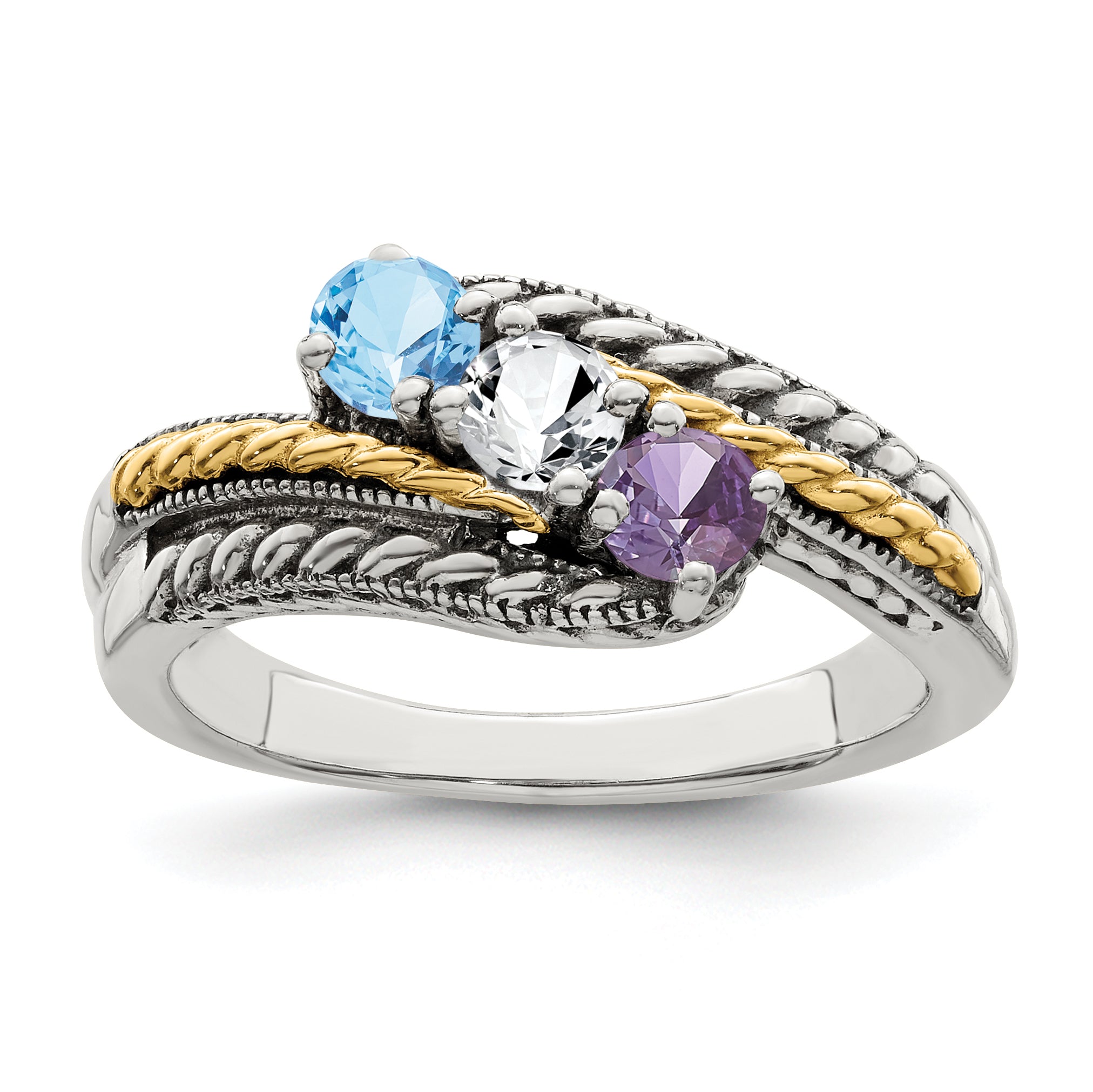 Sterling Silver Antiqued w/14k 3-stone Mother's Ring Mounting (No Stone Included) Secondary image