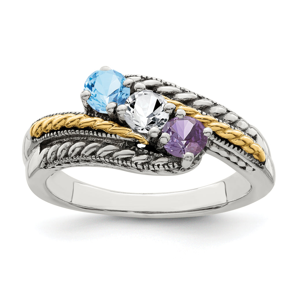 Sterling Silver Antiqued w/14k 3-stone Mother's Ring Mounting (No Stone Included)