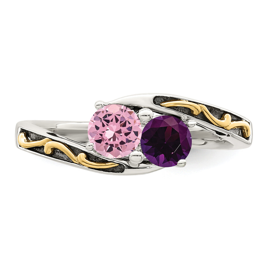 Sterling Silver Antiqued w/14k 2-stone Mother's Ring Mounting (No Stone Included)