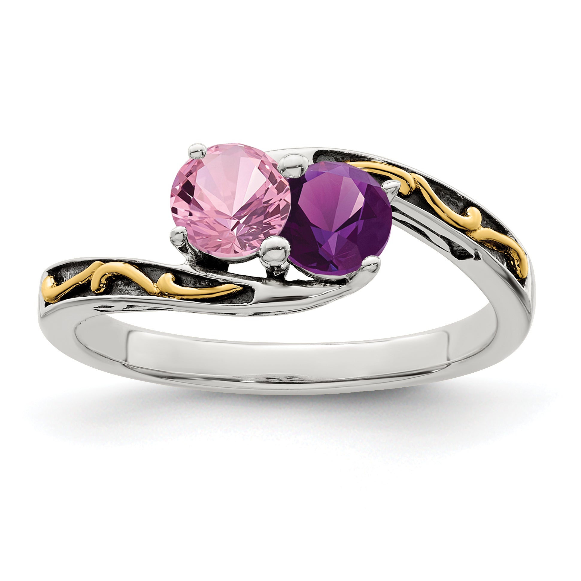 Sterling Silver Antiqued w/14k 2-stone Mother's Ring Mounting (No Stone Included) Secondary image