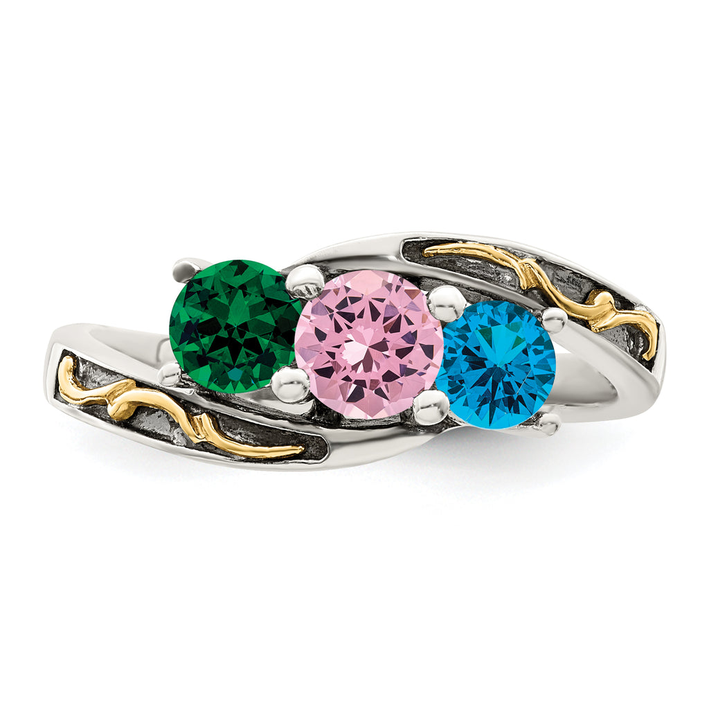 Sterling Silver Antiqued w/14k 3-stone Mother's Ring Mounting (No Stone Included)