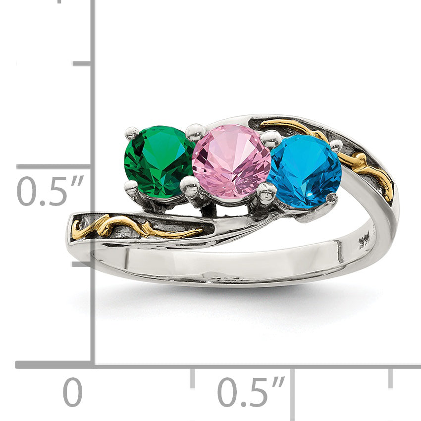 Sterling Silver Antiqued w/14k 3-stone Mother's Ring Mounting (No Stone Included)