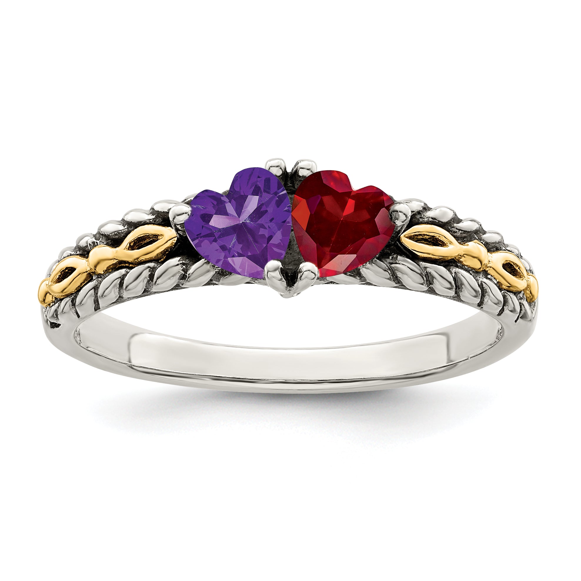 Sterling Silver Antiqued w/14k 2-stone Mother's Ring Mounting (No Stone Included) Secondary image