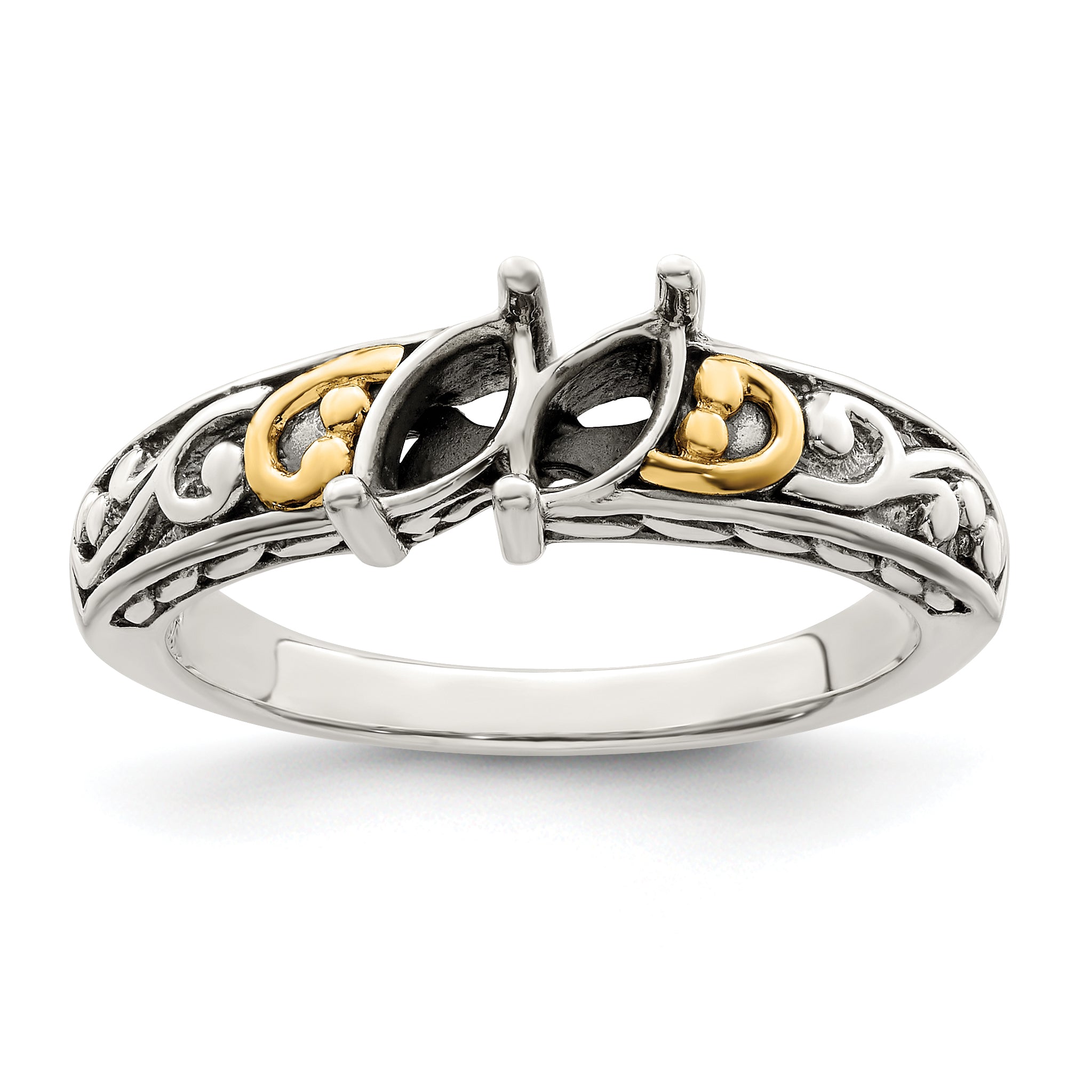 Sterling Silver Antiqued w/14k 2-stone Mother's Ring Mounting (No Stone Included)