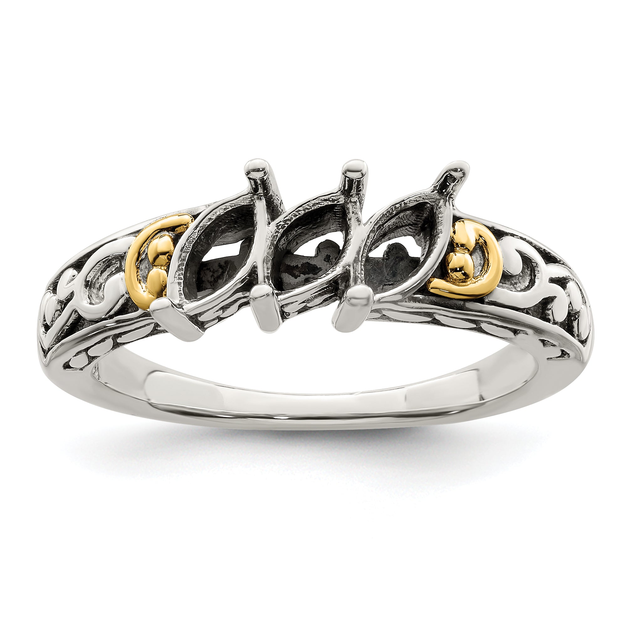 Sterling Silver Antiqued w/14k 3-stone Mother's Ring Mounting (No Stone Included)