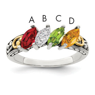 Sterling Silver Antiqued w/14k 4-stone Mother's Ring Mounting (No Stone Included)
