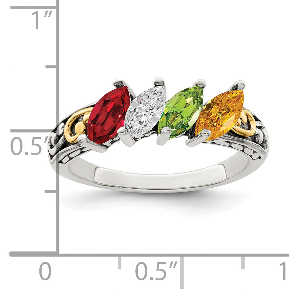 Sterling Silver Antiqued w/14k 4-stone Mother's Ring Mounting (No Stone Included)