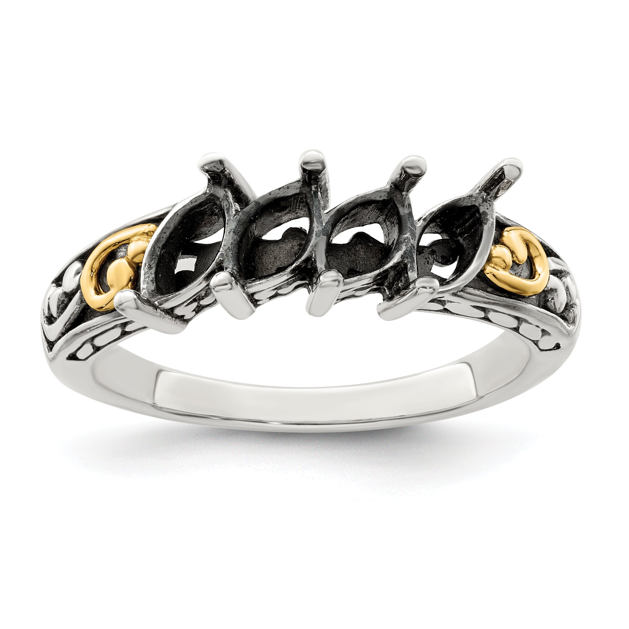 Sterling Silver Antiqued w/14k 4-stone Mother's Ring Mounting (No Stone Included)