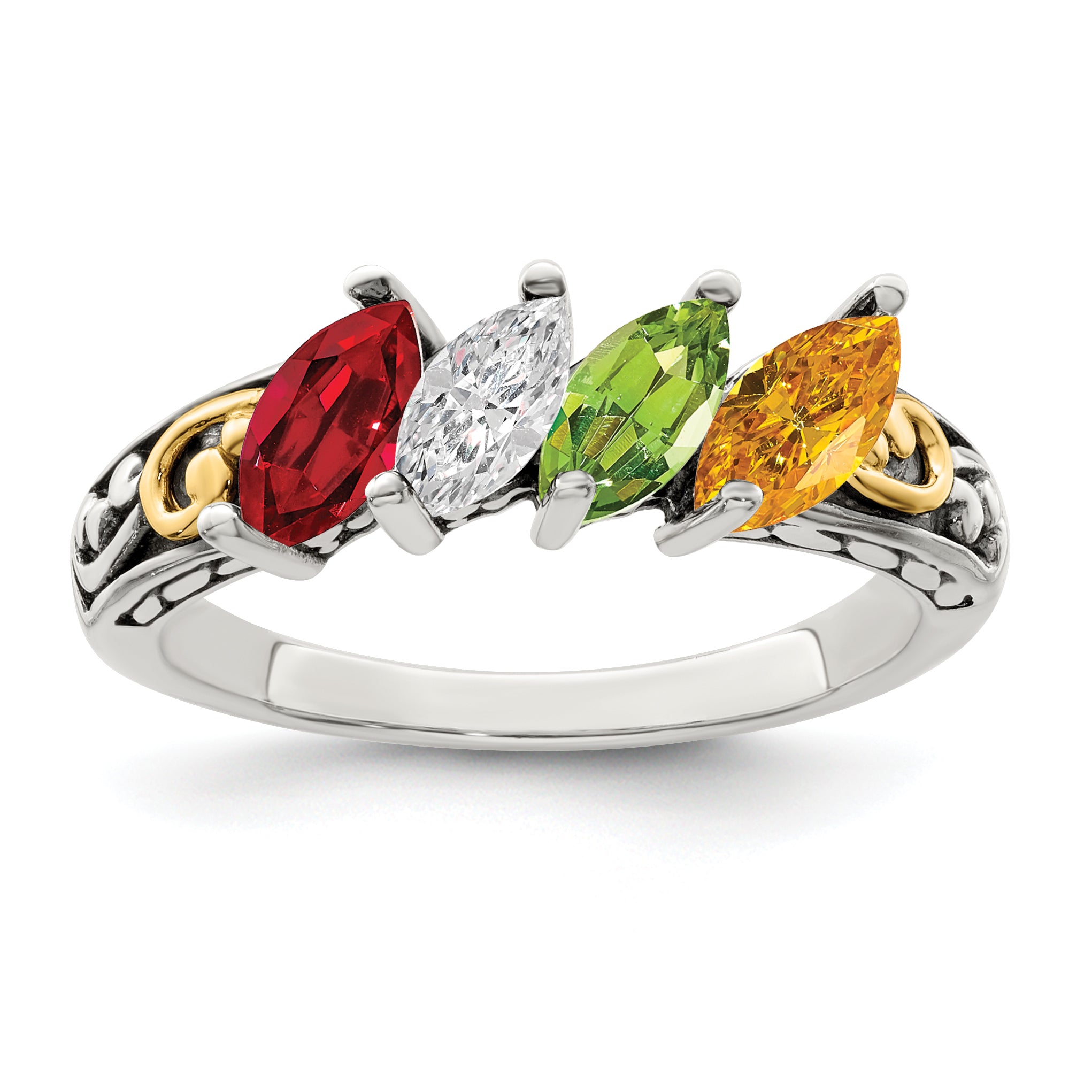 Sterling Silver Antiqued w/14k 4-stone Mother's Ring Mounting (No Stone Included) Secondary image