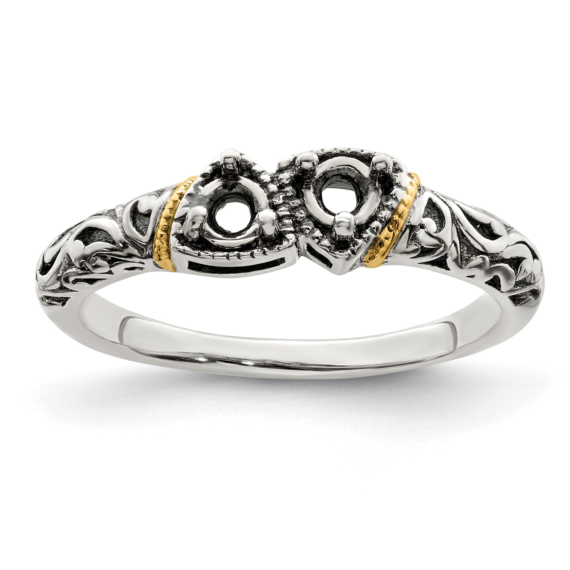 Sterling Silver Antiqued w/14k 2-stone Mother's Ring Mounting (No Stone Included)