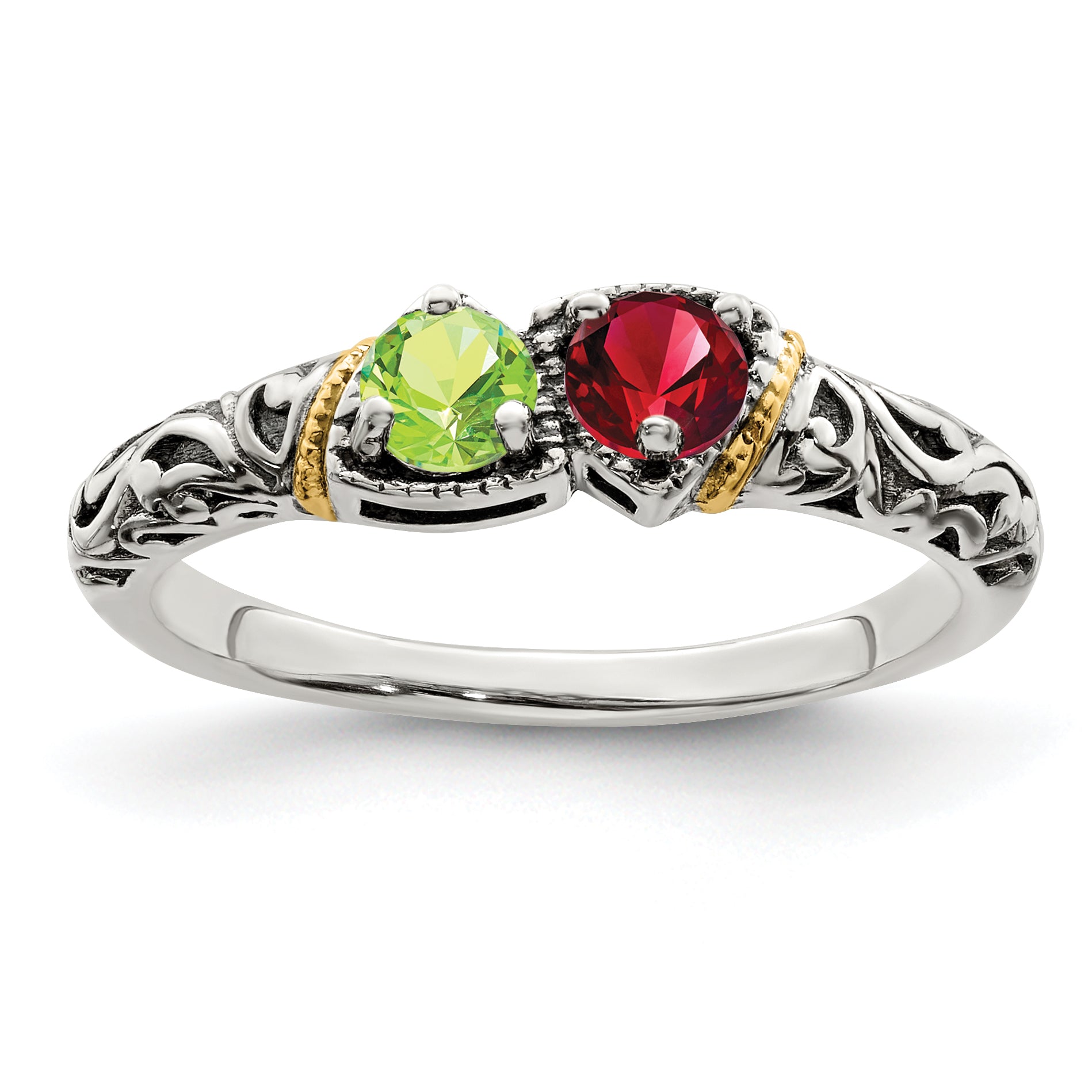 Sterling Silver Antiqued w/14k 2-stone Mother's Ring Mounting (No Stone Included) Secondary image