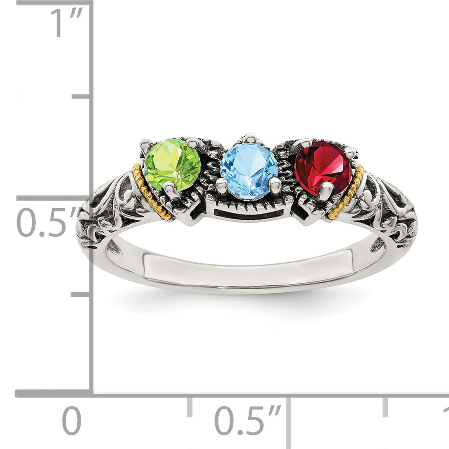 Sterling Silver Antiqued w/14k 3-stone Mother's Ring Mounting (No Stone Included)