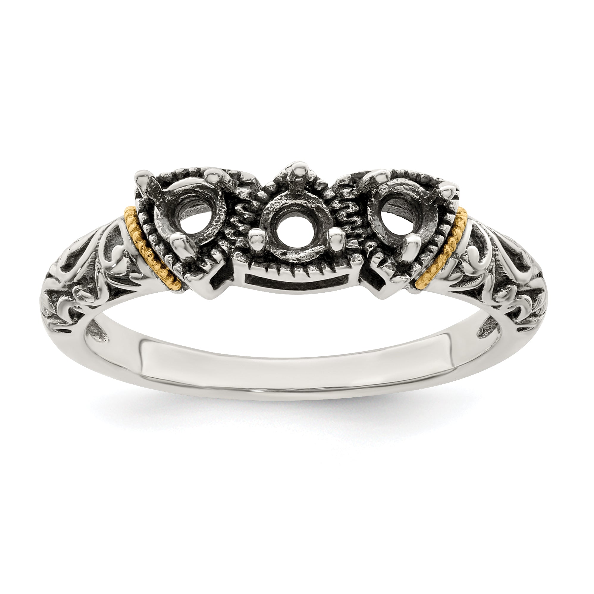 Sterling Silver Antiqued w/14k 3-stone Mother's Ring Mounting (No Stone Included)