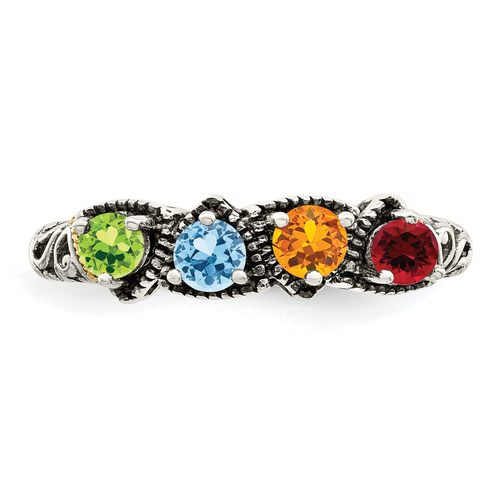 Sterling Silver Antiqued w/14k 4-stone Mother's Ring Mounting (No Stone Included)