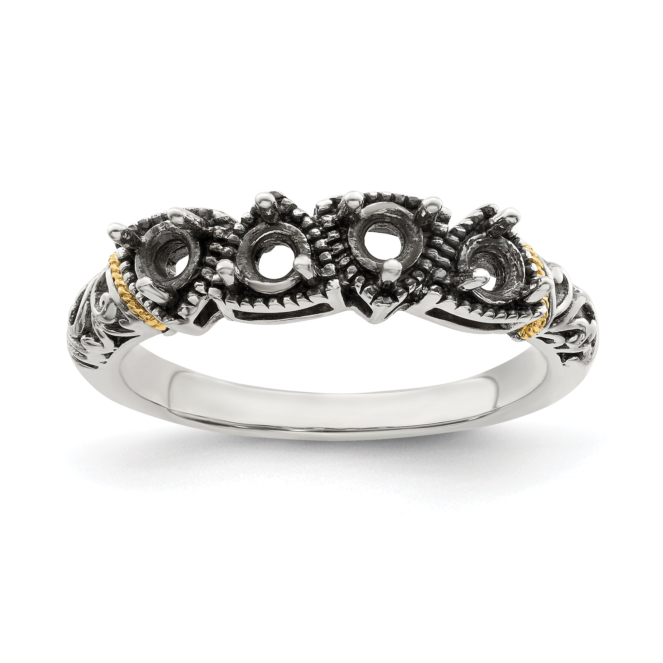 Sterling Silver Antiqued w/14k 4-stone Mother's Ring Mounting (No Stone Included)