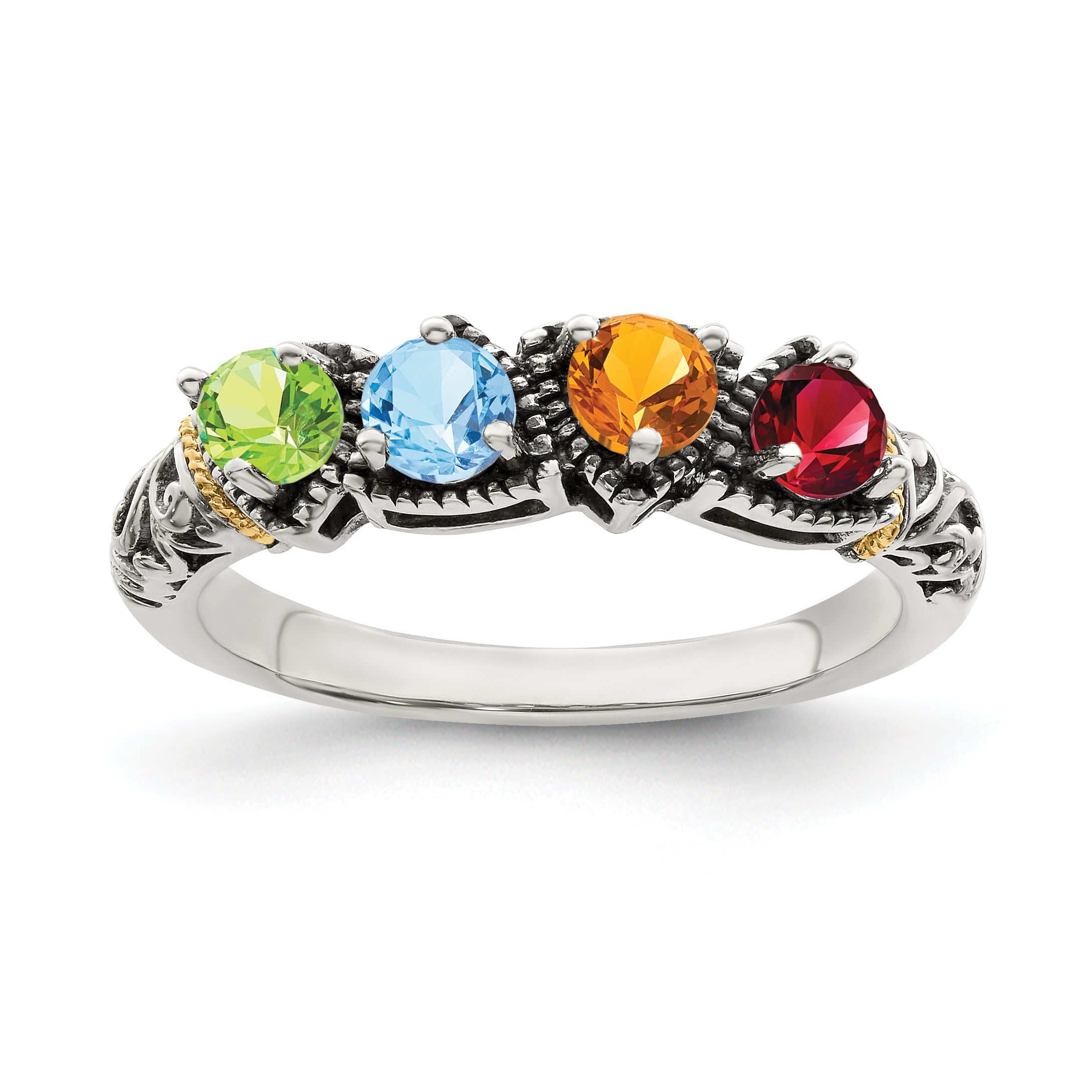 Sterling Silver Antiqued w/14k 4-stone Mother's Ring Mounting (No Stone Included) Secondary image