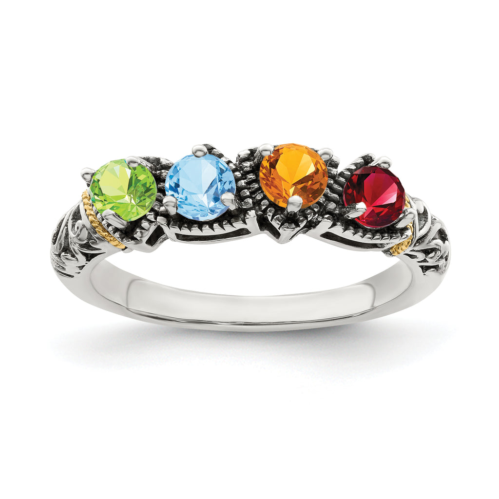 Sterling Silver Antiqued w/14k 4-stone Mother's Ring Mounting (No Stone Included)