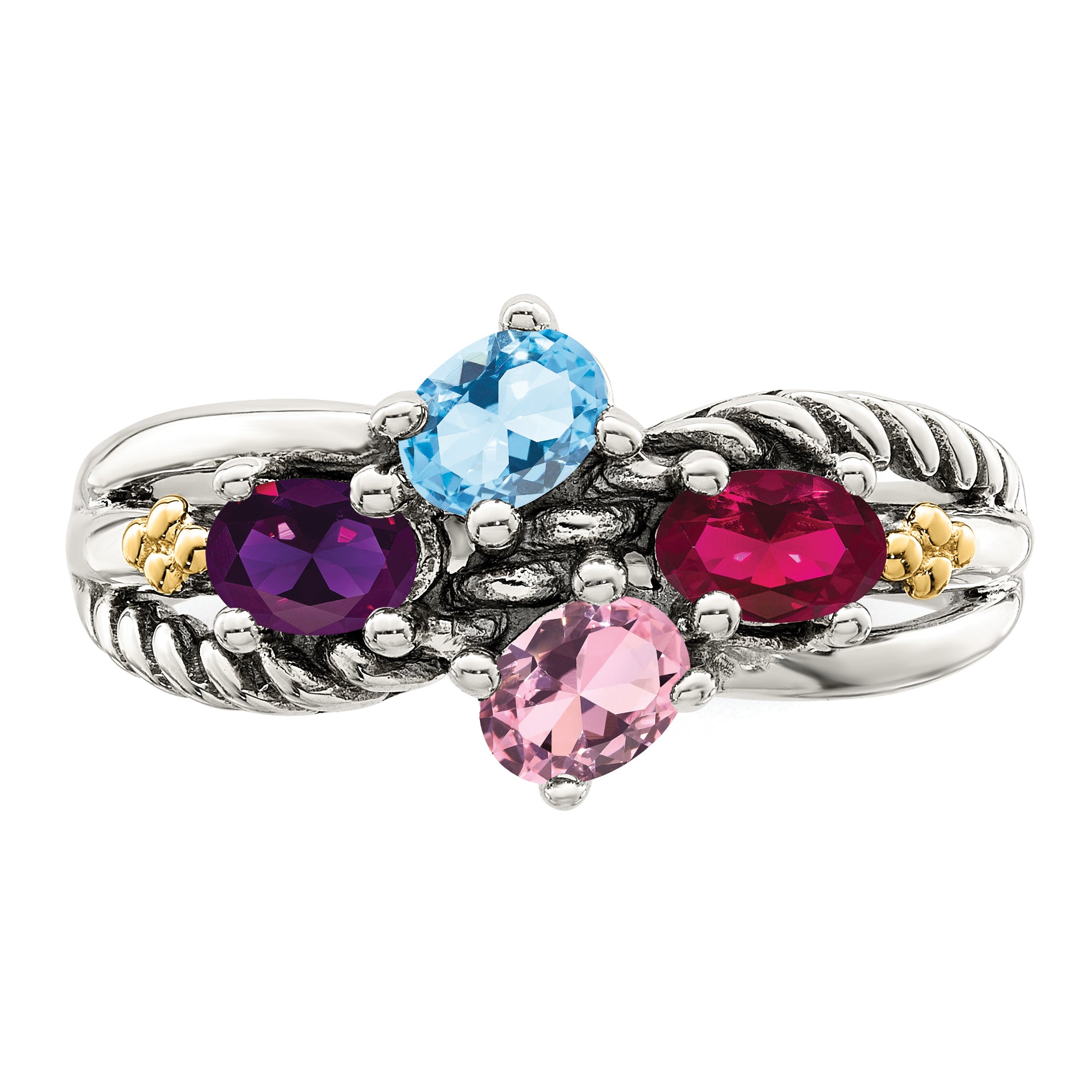 Sterling Silver Antiqued w/14k 4-stone Mother's Ring Mounting (No Stone Included)