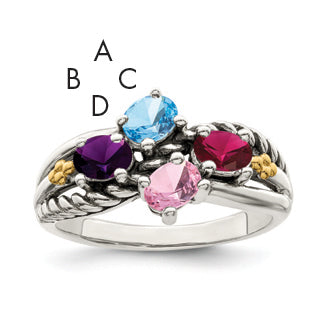Sterling Silver Antiqued w/14k 4-stone Mother's Ring Mounting (No Stone Included)
