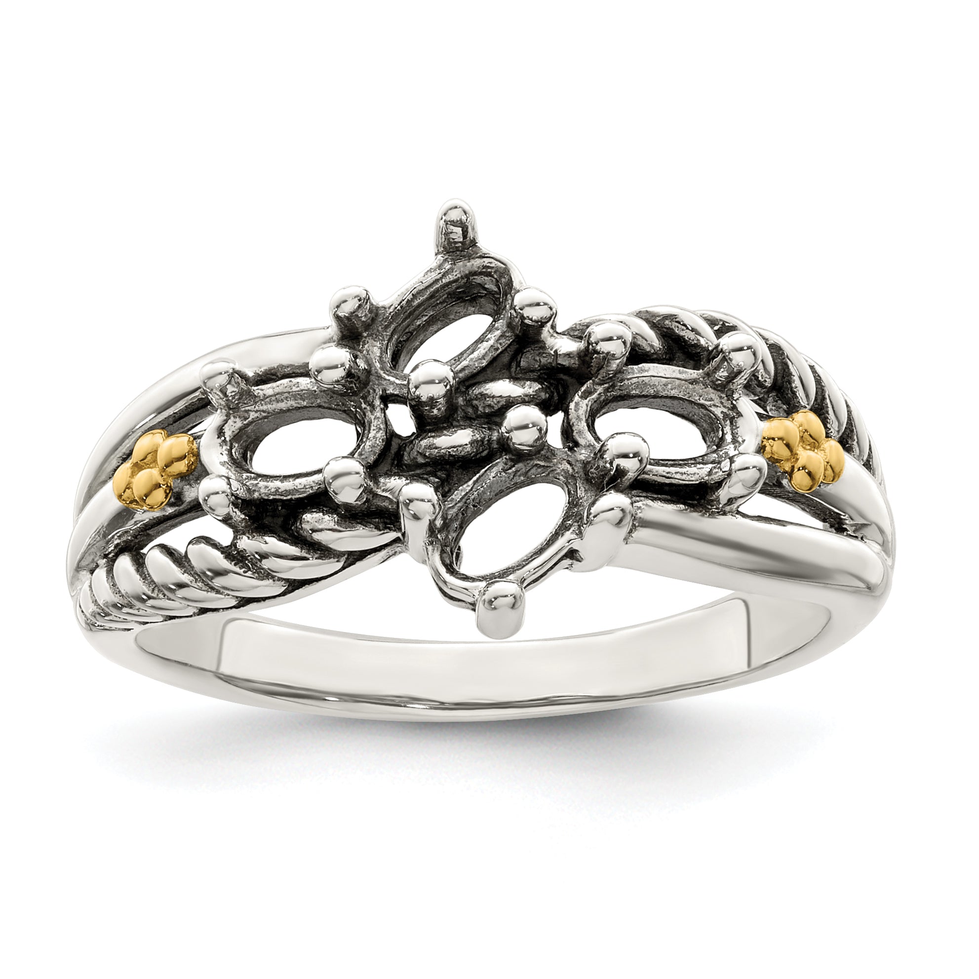 Sterling Silver Antiqued w/14k 4-stone Mother's Ring Mounting (No Stone Included)