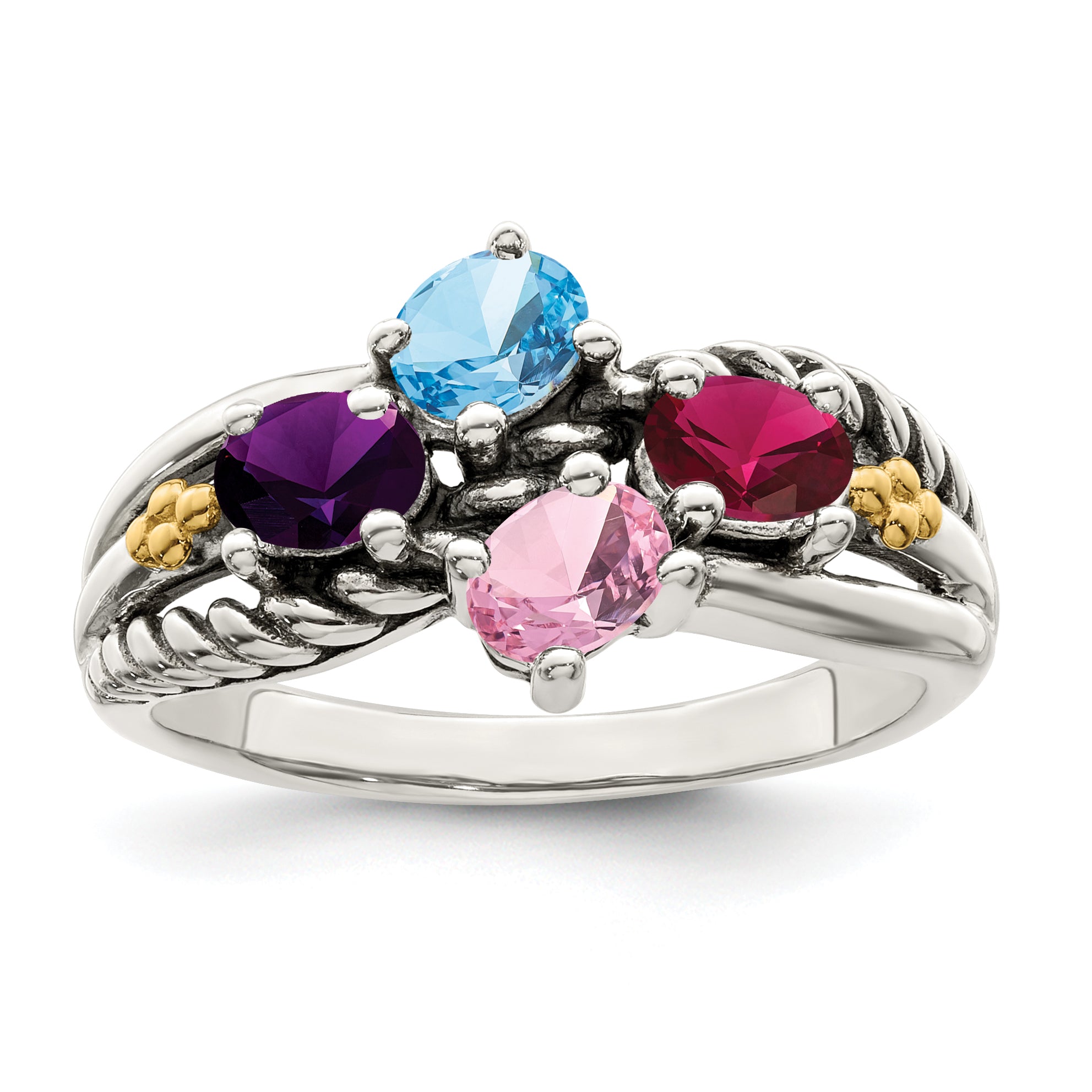 Sterling Silver Antiqued w/14k 4-stone Mother's Ring Mounting (No Stone Included)