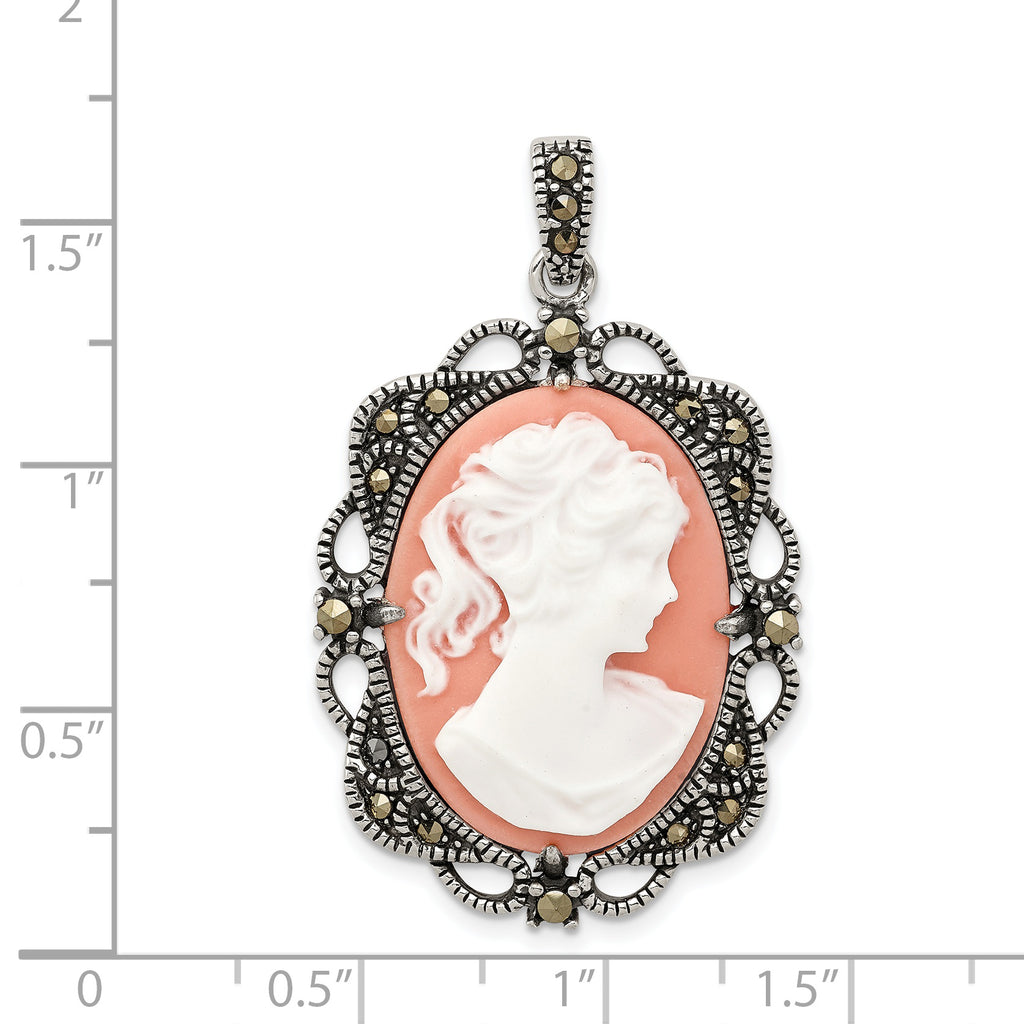 Marcasite Cameo Pendant in Sterling Silver, 42mm Antiqued & Polished - Sophia Jewelers