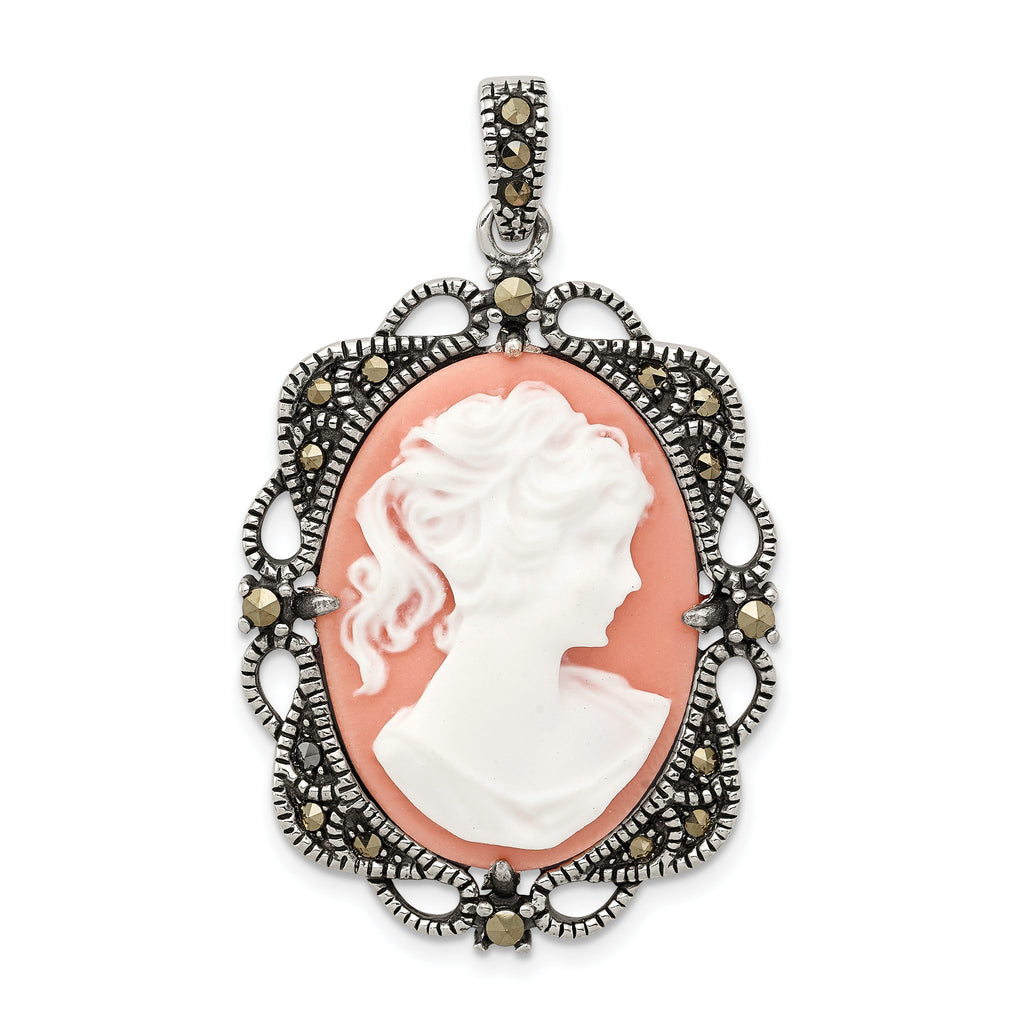 Marcasite Cameo Pendant in Sterling Silver, 42mm Antiqued & Polished - Sophia Jewelers