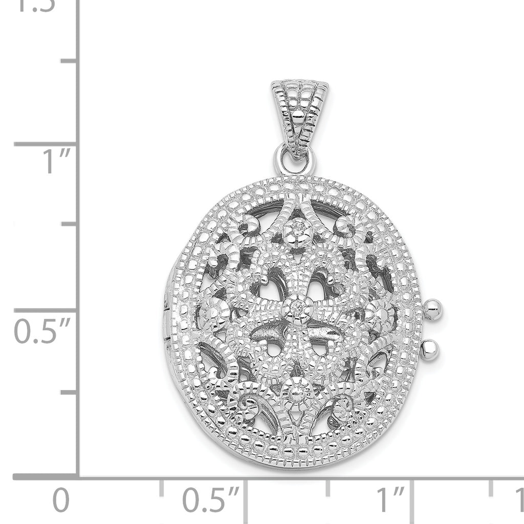 Filigree Oval Locket in Sterling Silver with Cubic Zirconia Accents, 29mm - Sophia Jewelers