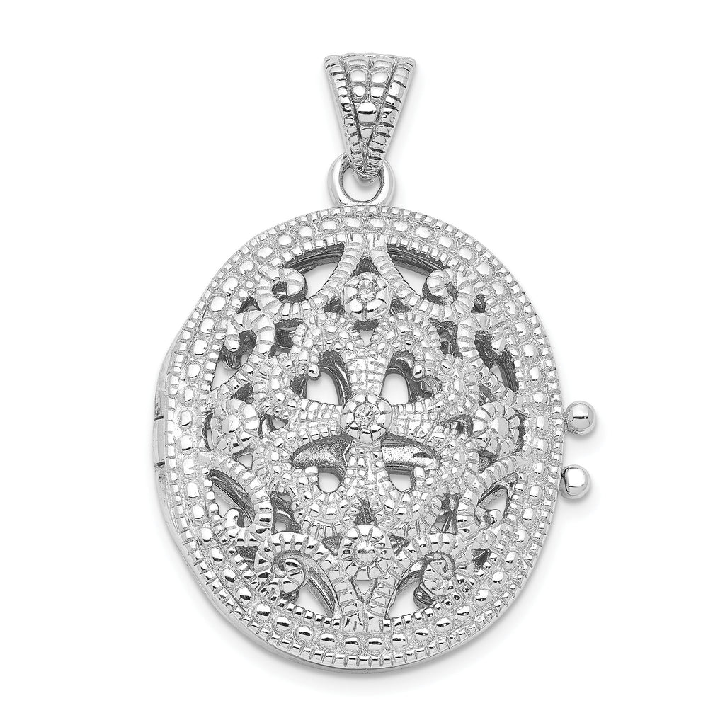 Filigree Oval Locket in Sterling Silver with Cubic Zirconia Accents, 29mm - Sophia Jewelers