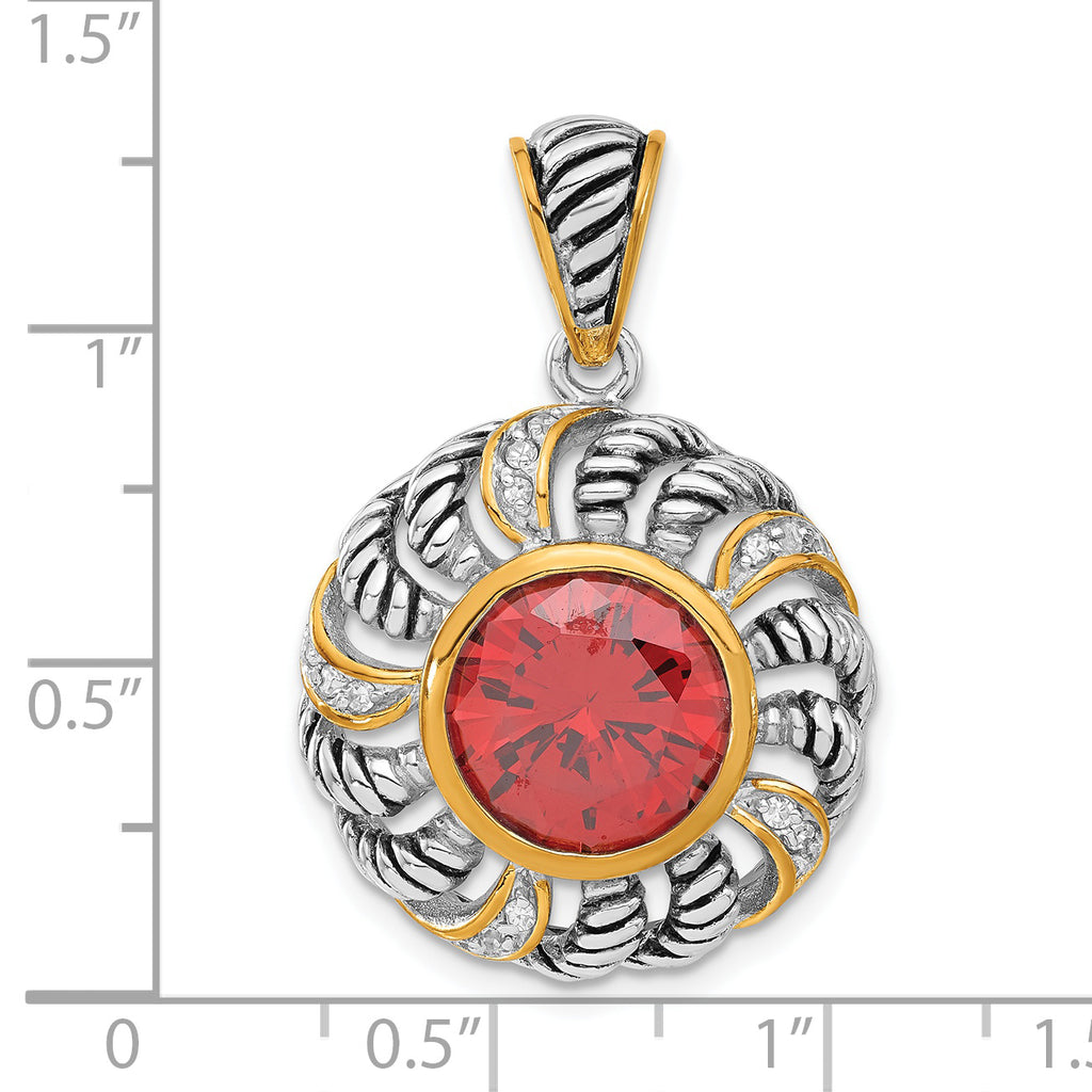 Circle Pendant in Gold-Plated Sterling Silver with Red & Clear Cubic Zirconia - Sophia Jewelers