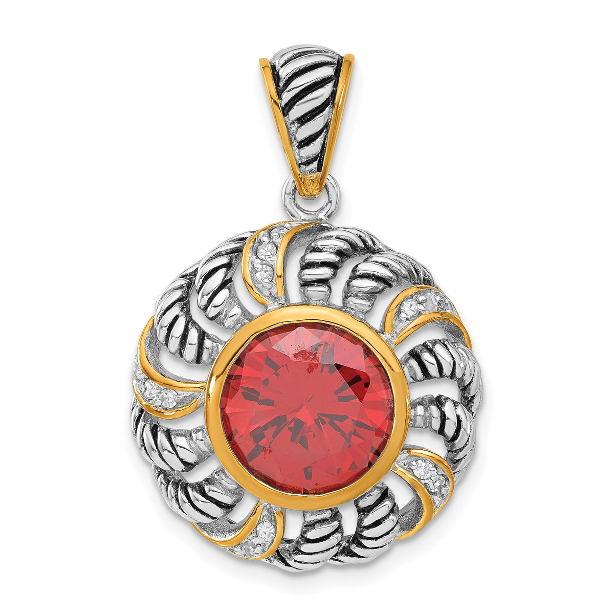 Circle Pendant in Gold-Plated Sterling Silver with Red & Clear Cubic Zirconia - Sophia Jewelers