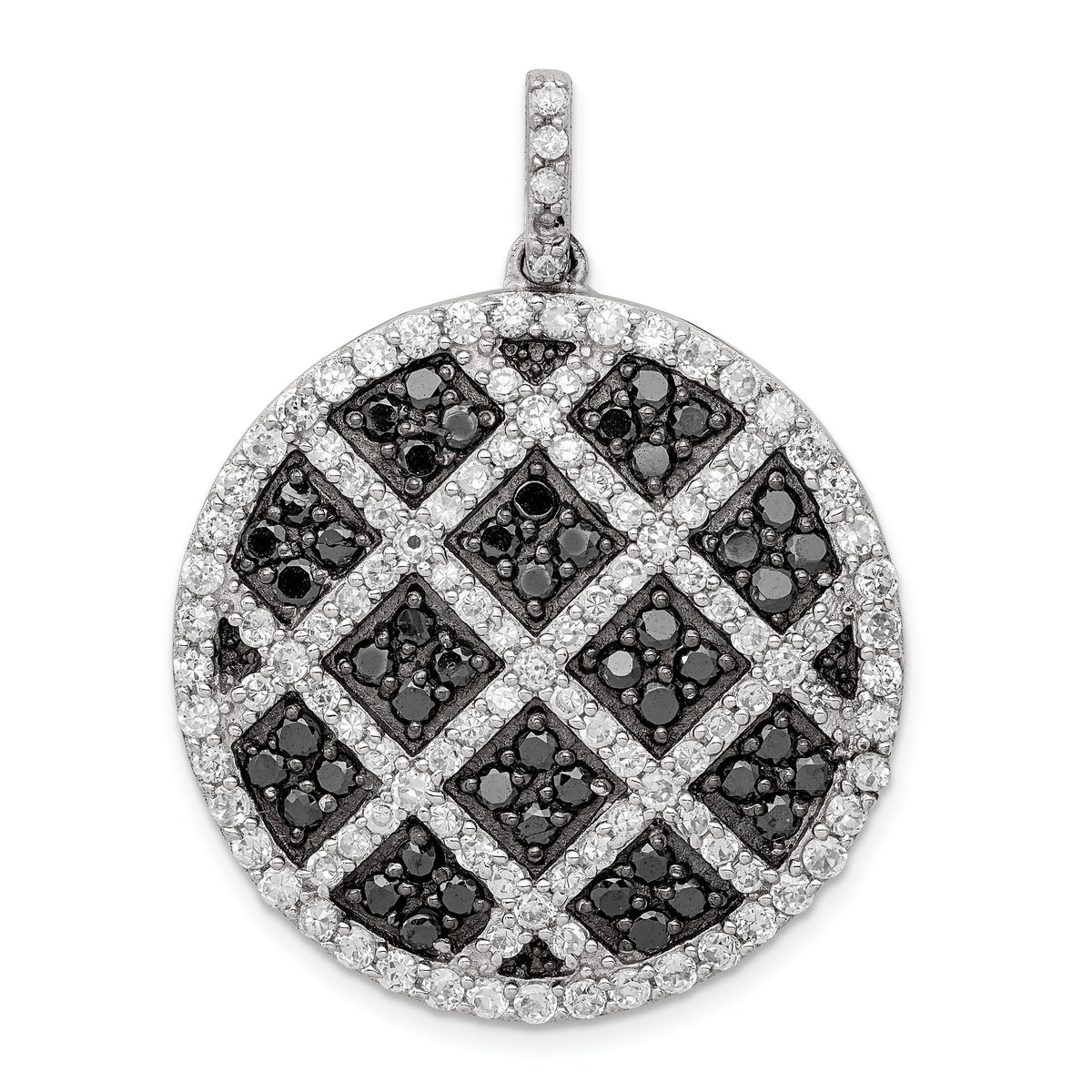 Checkered Circle Pendant in Sterling Silver with Black & White Cubic Zirconia - Sophia Jewelers