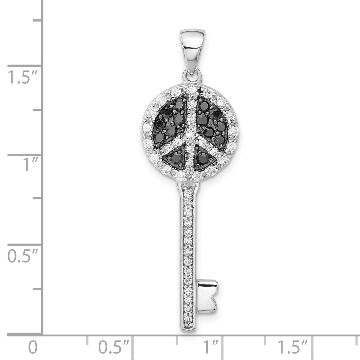 Peace Sign Key Pendant in Sterling Silver with Black & Clear Cubic Zirconia, 45mm - Sophia Jewelers
