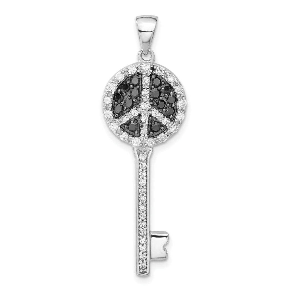 Peace Sign Key Pendant in Sterling Silver with Black & Clear Cubic Zirconia, 45mm - Sophia Jewelers