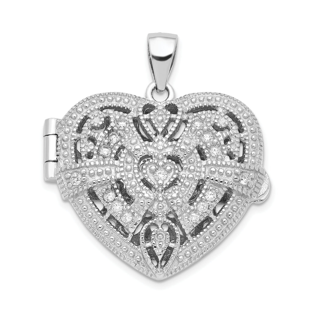 Heart Locket Pendant in Sterling Silver with Cubic Zirconia, 27mm - Sophia Jewelers