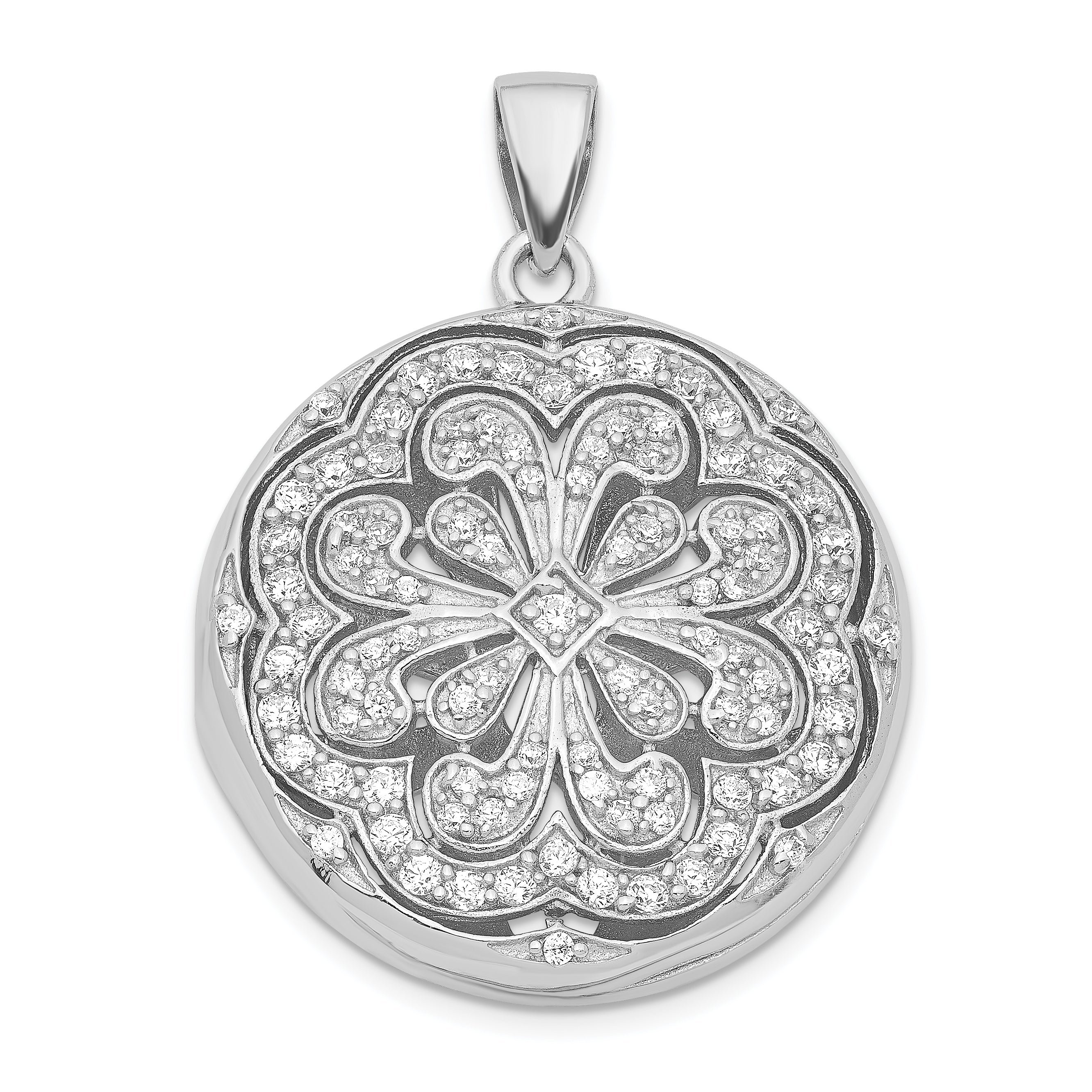 Sterling Silver Rhodium-plated CZ Flower Design 22mm Locket Pendant Secondary image