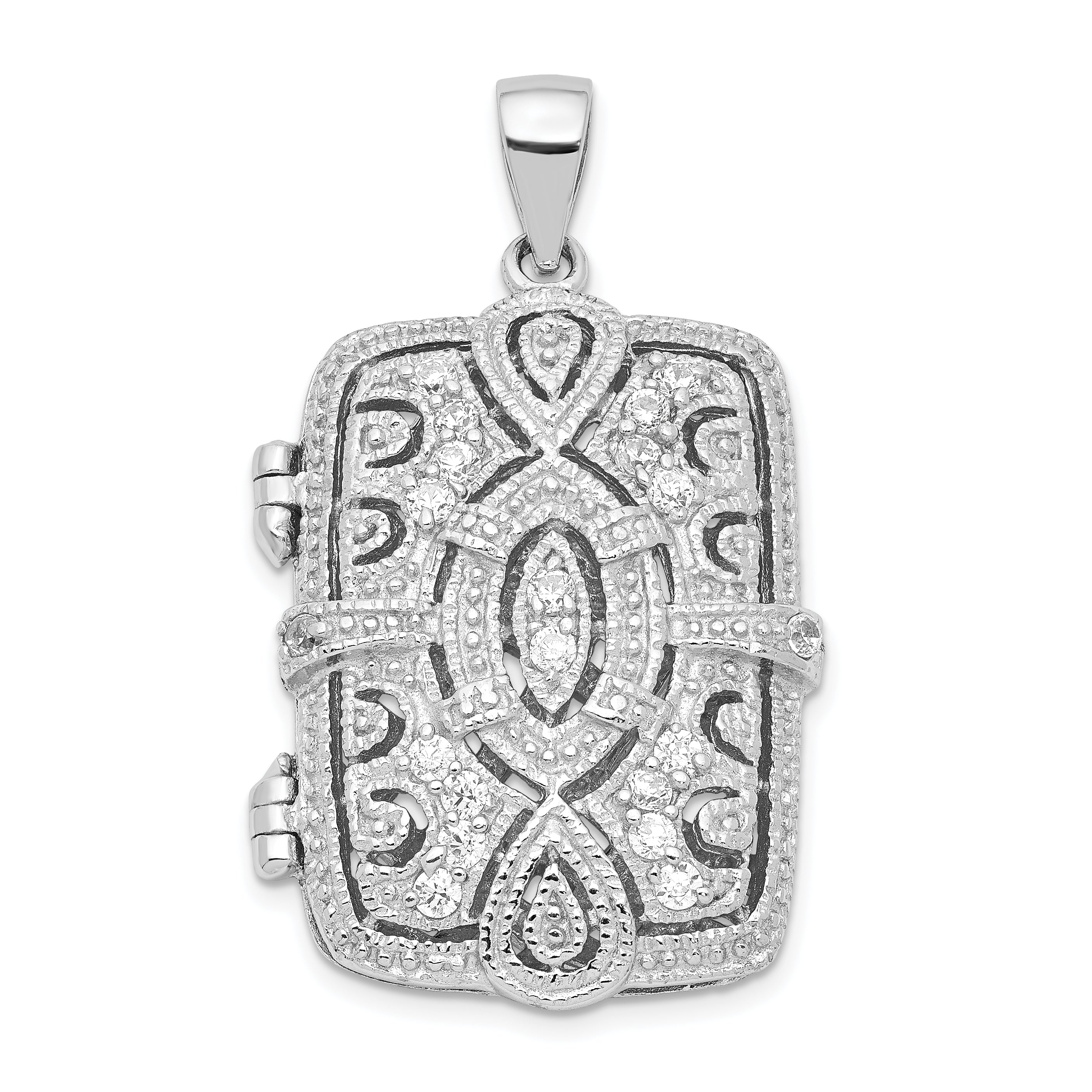 Sterling Silver Rhodium-plated Fancy CZ Rectangle 24mm Locket Pendant Secondary image