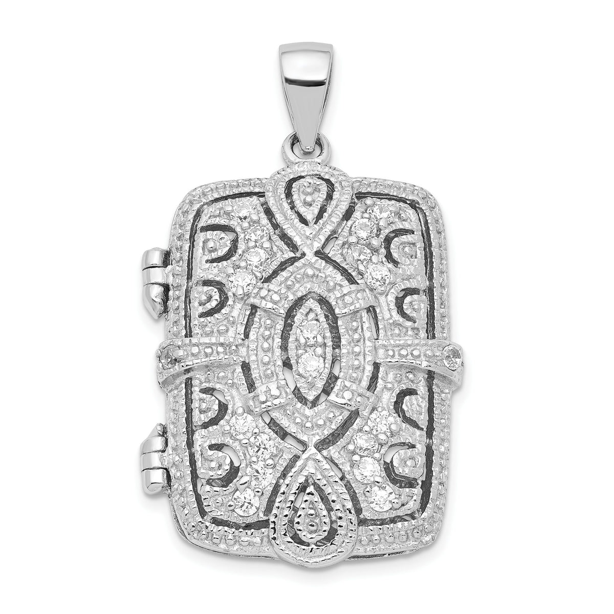 Fancy Cubic Zirconia Rectangle Locket Pendant in Sterling Silver, 32mm - Sophia Jewelers