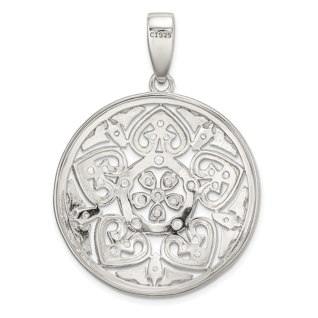 Floral Pavé Cubic Zirconia Circle Pendant in Sterling Silver, 46mm - Sophia Jewelers