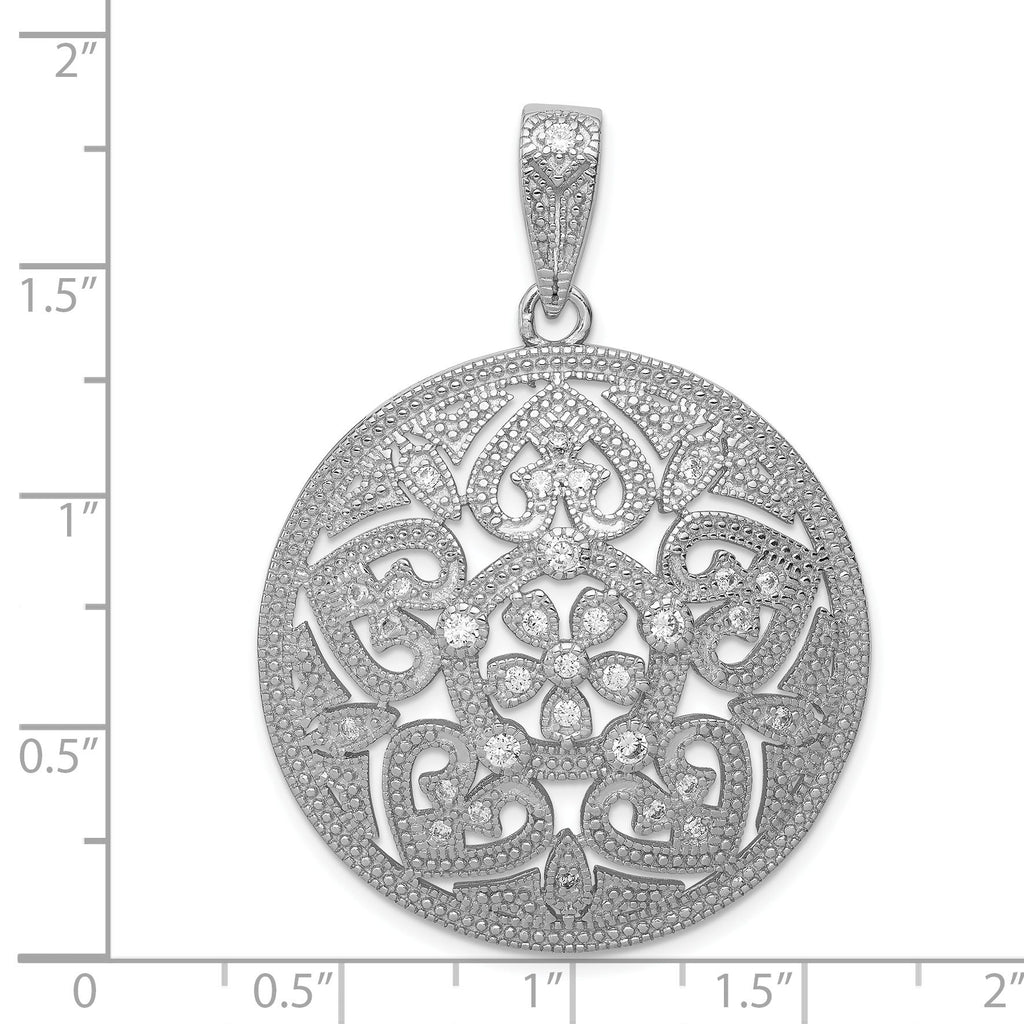 Floral Pavé Cubic Zirconia Circle Pendant in Sterling Silver, 46mm - Sophia Jewelers