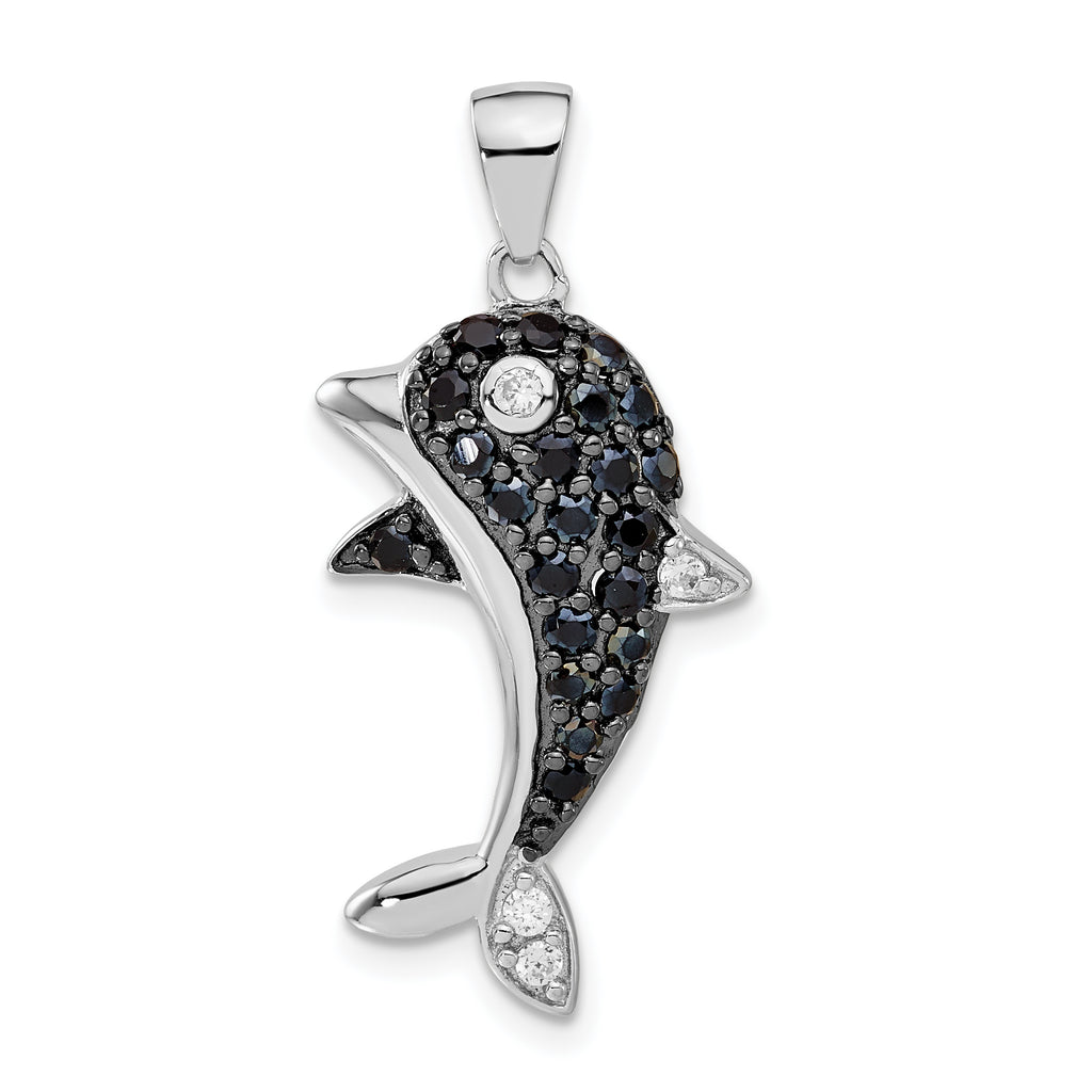 Black & White Cubic Zirconia Dolphin Pendant in Sterling Silver, 34mm - Sophia Jewelers