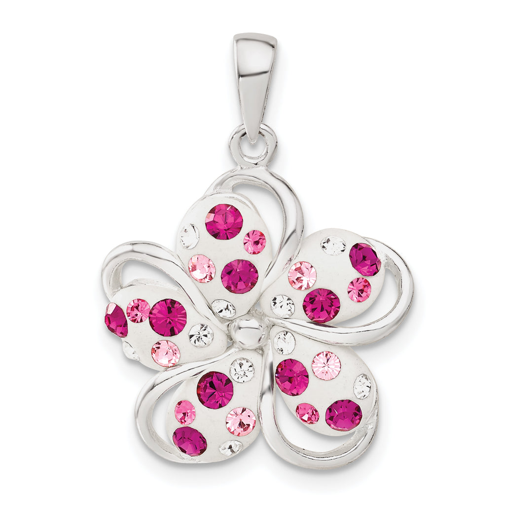 Pink & White Crystal Flower Pendant in Sterling Silver, 28mm - Sophia Jewelers