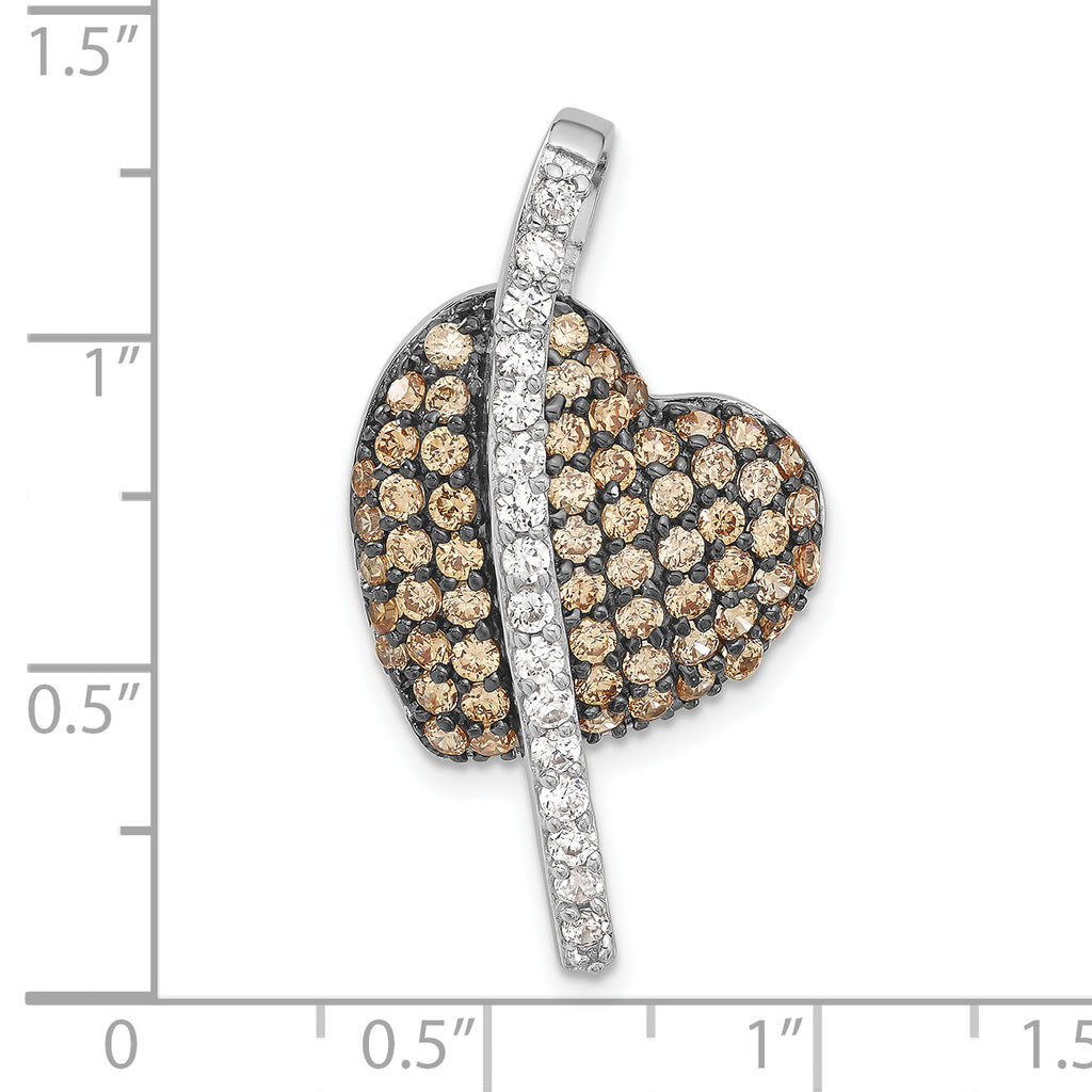 Champagne & Clear Cubic Zirconia Heart Pendant in Sterling Silver, 33mm - Sophia Jewelers