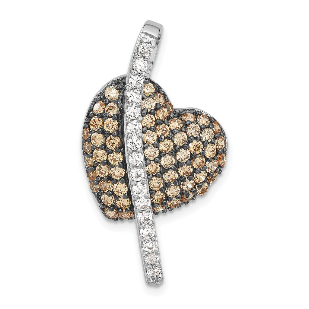 Champagne & Clear Cubic Zirconia Heart Pendant in Sterling Silver, 33mm - Sophia Jewelers