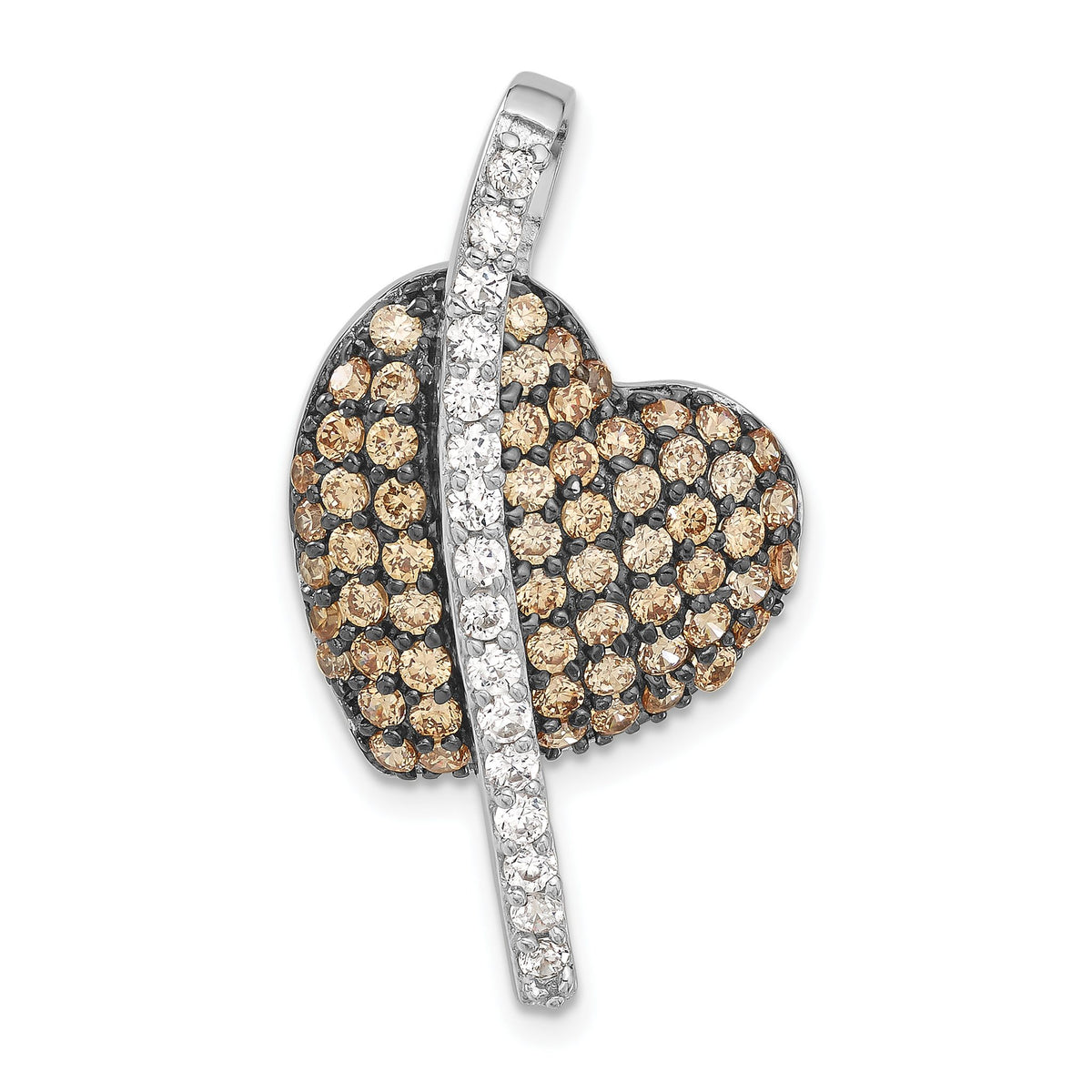 Champagne & Clear Cubic Zirconia Heart Pendant in Sterling Silver, 33mm - Sophia Jewelers