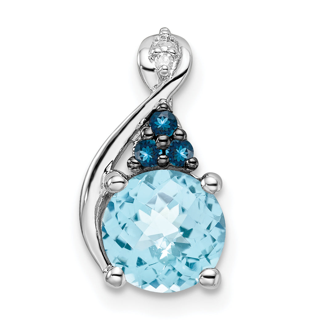Sterling Silver Polished Diamond plate Dia. Swiss & London Blue Topaz Pendant