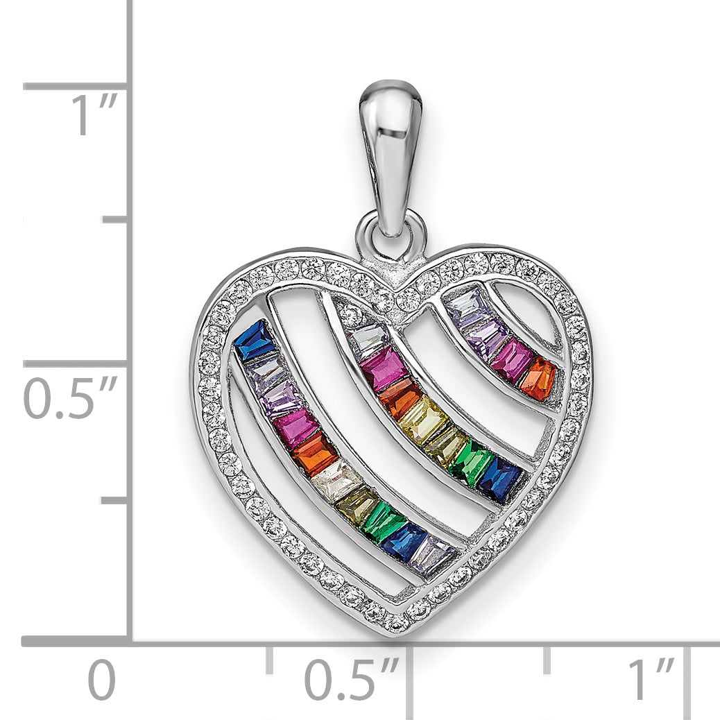 Prizma Sterling Silver Rhodium-plated White and Colorful Three Row CZ Open Heart Pendant