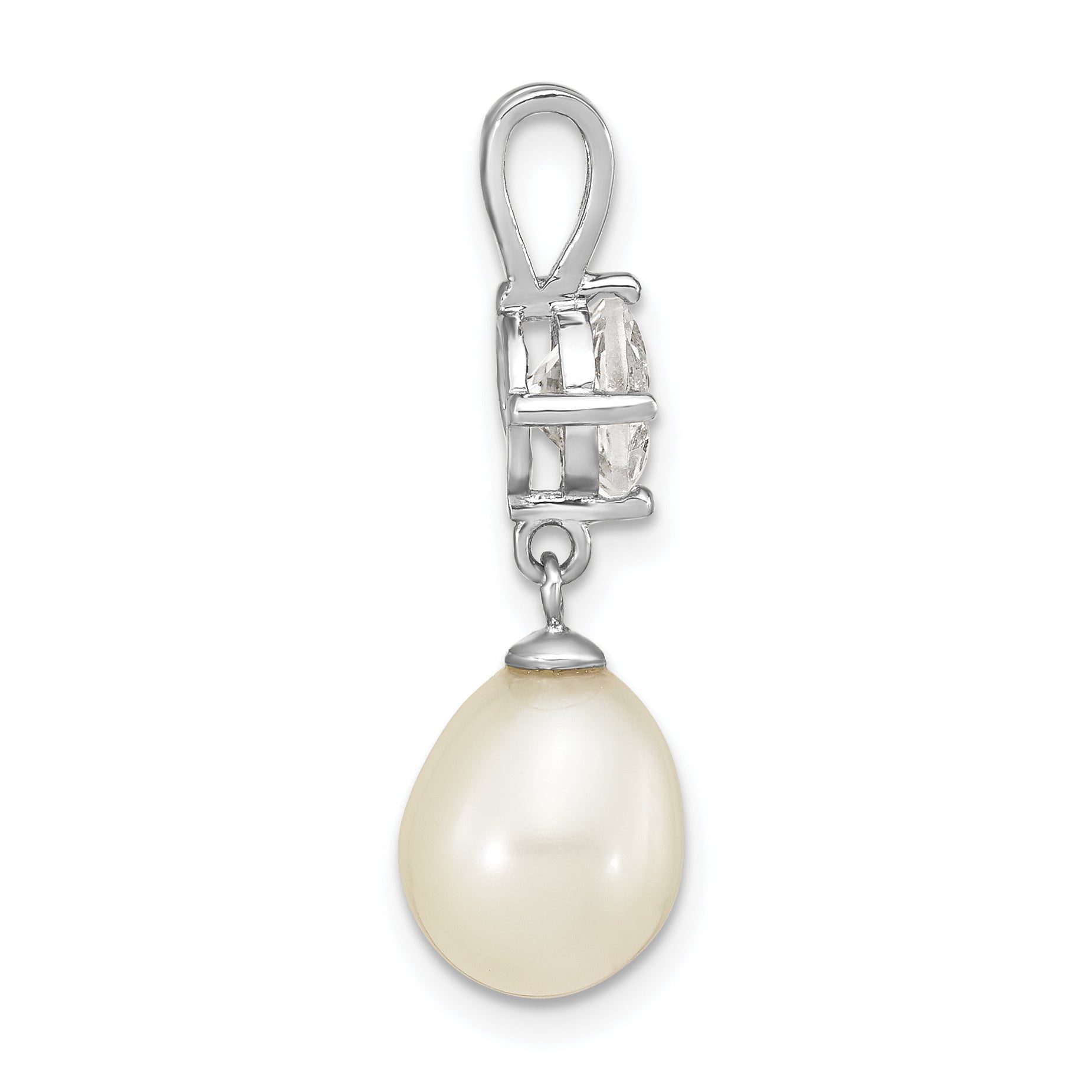Sterling Silver Rhodium-plated8-10mm White Teardrop Freshwater Cultured Pearl and 1.95WT White Topaz Pendant Secondary image