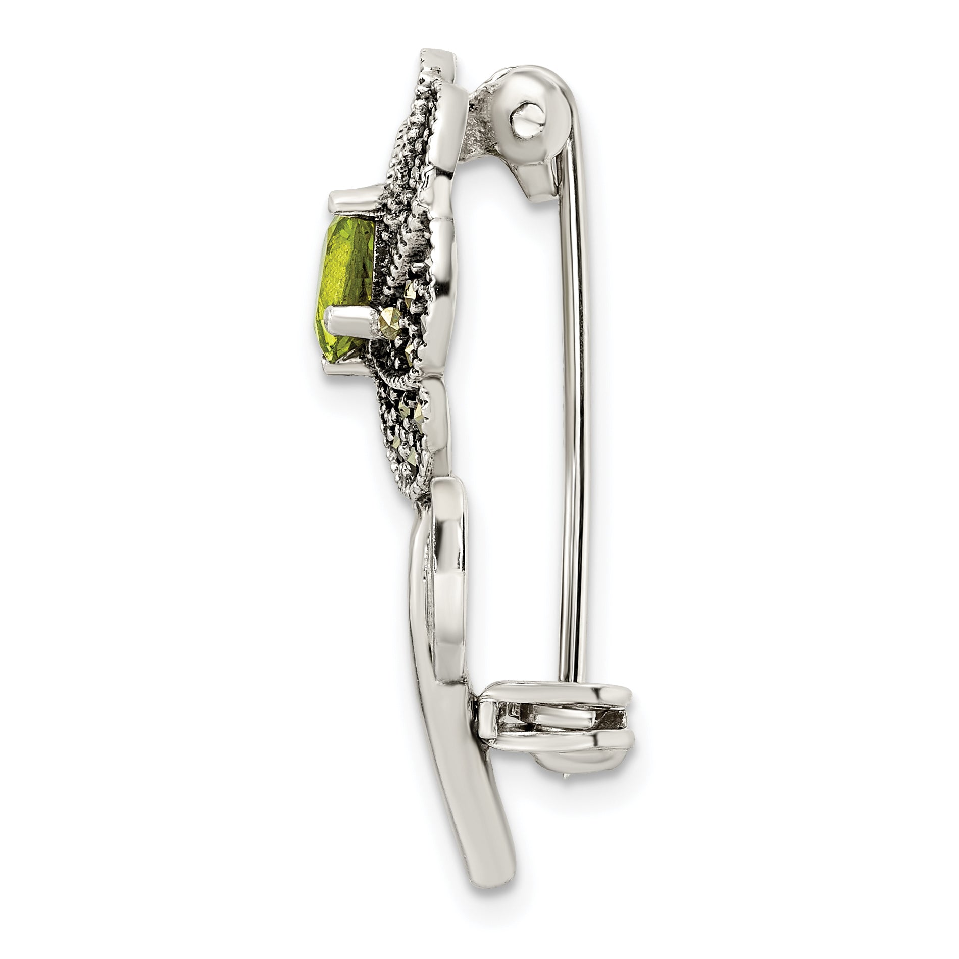 Sterling Silver Antiqued Enamel Marcasite and Green Glass Stone Flower Pin Secondary image