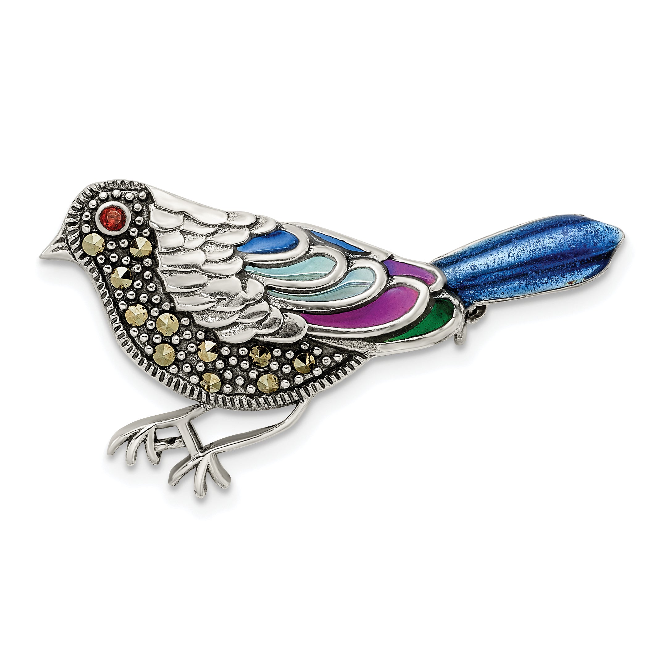 Sterling Silver Antiqued Multicolored Enameled Marcasite and Garnet Bird Pin Brooch Main image